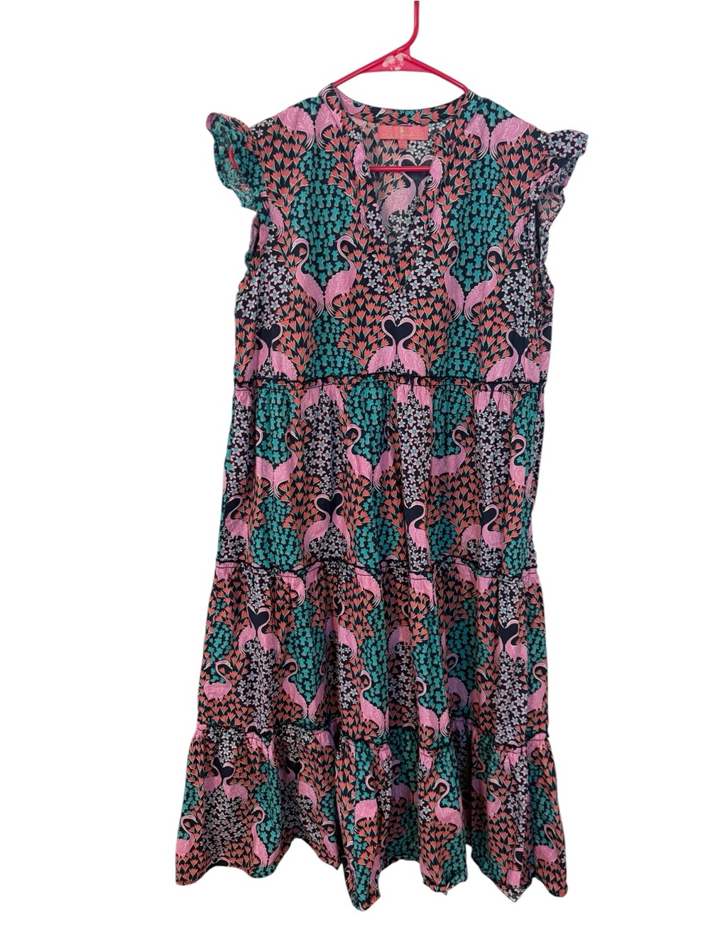 Simply southern Pink & Teal Flamingo Print Tiered Dress size small